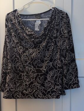 Coco Bianco Black & Silver Floral Cowl Neck Long Sleeve Top-; Textured Design